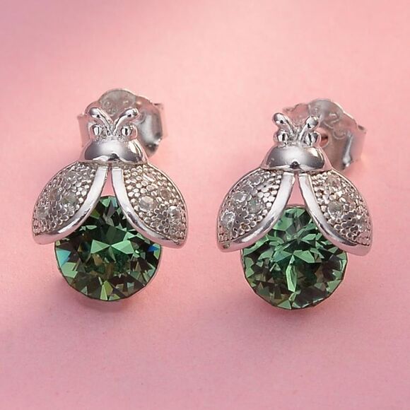 925 Sterling Silver with Emerald Green Cubic Zirconia Ladybug Stud Earrings - Picture 2 of 5